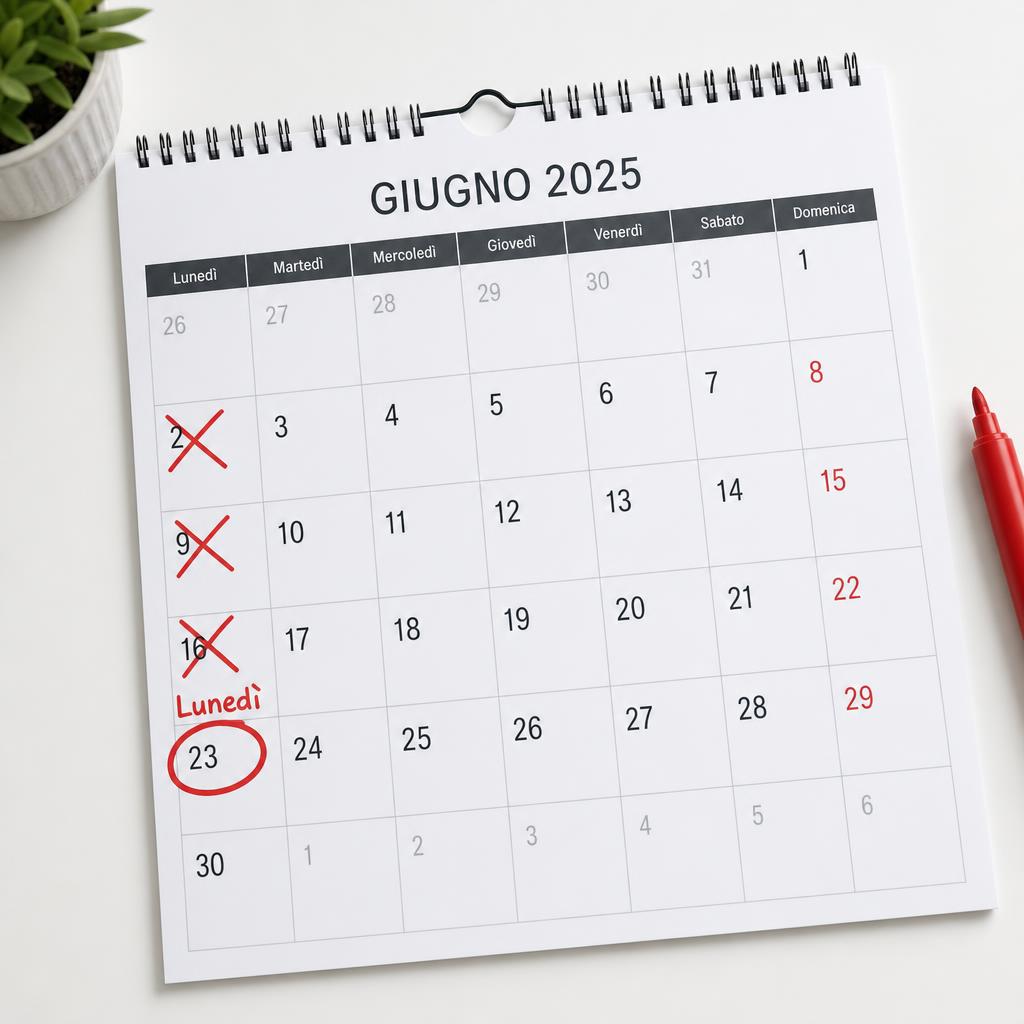 Calendario con la scritta 'Lunedì' cerchiata in rosso e lunedì precedenti barrati
