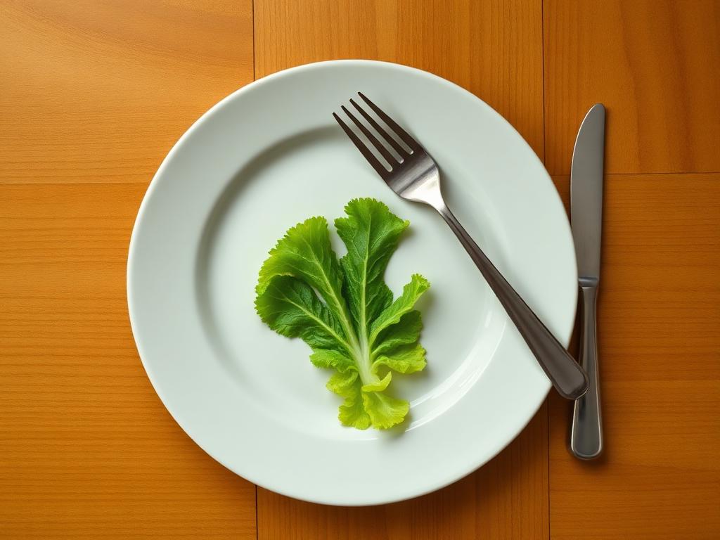 Piatto bianco quasi vuoto con una sola foglia di insalata su tavolo di legno