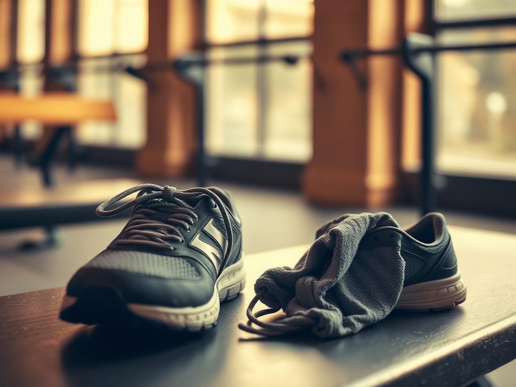 Scarpe da ginnastica usurate e asciugamano sudato abbandonati su una panca in palestra